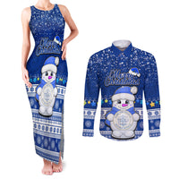 Personalised Palau Christmas Couples Matching Tank Maxi Dress and Long Sleeve Button Shirt Snowman Hugs Palau Coat of Arms Maori Pattern Blue Style LT03 Blue - Polynesian Pride