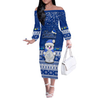 Personalised Palau Christmas Family Matching Off Shoulder Long Sleeve Dress and Hawaiian Shirt Snowman Hugs Palau Coat of Arms Maori Pattern Blue Style LT03 Mom's Dress Blue - Polynesian Pride