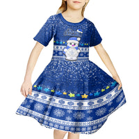 Personalised Palau Christmas Kid Short Sleeve Dress Snowman Hugs Palau Coat of Arms Maori Pattern Blue Style LT03 - Polynesian Pride