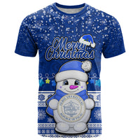 Personalised Palau Christmas T Shirt Snowman Hugs Palau Coat of Arms Maori Pattern Blue Style LT03 Blue - Polynesian Pride
