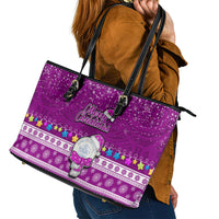 Palau Christmas Leather Tote Bag Snowman Hugs Palau Coat of Arms Maori Pattern Pink Style LT03 - Polynesian Pride