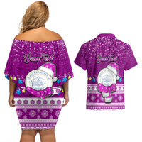 Personalised Palau Christmas Couples Matching Off Shoulder Short Dress and Hawaiian Shirt Snowman Hugs Palau Coat of Arms Maori Pattern Pink Style LT03 - Polynesian Pride