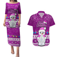 Personalised Palau Christmas Couples Matching Puletasi Dress and Hawaiian Shirt Snowman Hugs Palau Coat of Arms Maori Pattern Pink Style LT03 Pink - Polynesian Pride