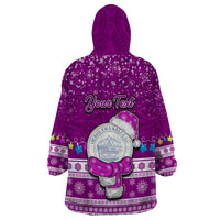 Personalised Palau Christmas Wearable Blanket Hoodie Snowman Hugs Palau Coat of Arms Maori Pattern Pink Style LT03 - Polynesian Pride