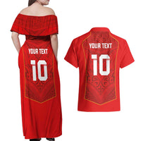 Custom Mate Ma'a Tonga Rugby Couples Matching Off Shoulder Maxi Dress and Hawaiian Shirt Ngatu Tribal Motifs Sporty Style - Polynesian Pride