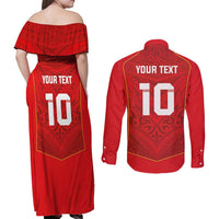 Custom Mate Ma'a Tonga Rugby Couples Matching Off Shoulder Maxi Dress and Long Sleeve Button Shirt Ngatu Tribal Motifs Sporty Style - Polynesian Pride
