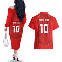 Custom Mate Ma'a Tonga Rugby Couples Matching Off The Shoulder Long Sleeve Dress and Hawaiian Shirt Ngatu Tribal Motifs Sporty Style - Polynesian Pride