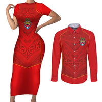 Custom Mate Ma'a Tonga Rugby Couples Matching Short Sleeve Bodycon Dress and Long Sleeve Button Shirt Ngatu Tribal Motifs Sporty Style - Polynesian Pride