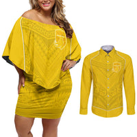 Custom Niue Rugby Couples Matching Off Shoulder Short Dress and Long Sleeve Button Shirt Hiapo Tribal Motifs Sporty Style - Polynesian Pride
