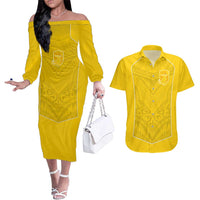 Custom Niue Rugby Couples Matching Off The Shoulder Long Sleeve Dress and Hawaiian Shirt Hiapo Tribal Motifs Sporty Style - Polynesian Pride