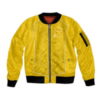 Custom Niue Rugby Sleeve Zip Bomber Jacket Hiapo Tribal Motifs Sporty Style LT03 Unisex Yellow - Polynesian Pride