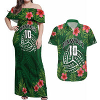 Custom Hawaii Volleyball Couples Matching Off Shoulder Maxi Dress and Hawaiian Shirt Kakau Abstract and Tropical Plants Green Color - Polynesian Pride