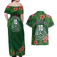 Custom Hawaii Volleyball Couples Matching Off Shoulder Maxi Dress and Hawaiian Shirt Kakau Abstract and Tropical Plants Green Color - Polynesian Pride