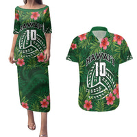 Custom Hawaii Volleyball Couples Matching Puletasi and Hawaiian Shirt Kakau Abstract and Tropical Plants Green Color - Polynesian Pride
