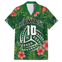 Custom Hawaii Volleyball Family Matching Off The Shoulder Long Sleeve Dress and Hawaiian Shirt Kakau Abstract and Tropical Plants Green Color - Polynesian Pride