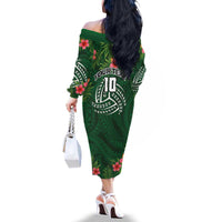 Custom Hawaii Volleyball Family Matching Off The Shoulder Long Sleeve Dress and Hawaiian Shirt Kakau Abstract and Tropical Plants Green Color - Polynesian Pride