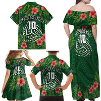 Custom Hawaii Volleyball Family Matching Off Shoulder Maxi Dress and Hawaiian Shirt Kakau Abstract and Tropical Plants Green Color - Polynesian Pride