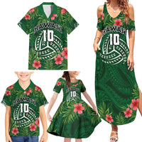 Custom Hawaii Volleyball Family Matching Summer Maxi Dress and Hawaiian Shirt Kakau Abstract and Tropical Plants Green Color - Polynesian Pride