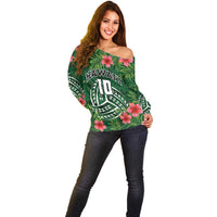 Custom Hawaii Volleyball Off Shoulder Sweater Kakau Abstract and Tropical Plants Green Color - Polynesian Pride
