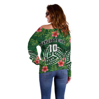 Custom Hawaii Volleyball Off Shoulder Sweater Kakau Abstract and Tropical Plants Green Color - Polynesian Pride