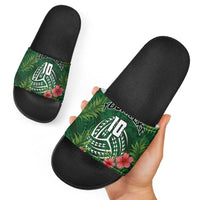 Custom Hawaii Volleyball Slide Sandals Kakau Abstract and Tropical Plants Green Color - Polynesian Pride