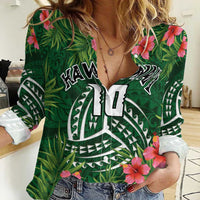 Custom Hawaii Volleyball Women Casual Shirt Kakau Abstract and Tropical Plants Green Color - Polynesian Pride