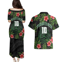Custom Hawaii Volleyball Couples Matching Puletasi and Hawaiian Shirt Kakau Abstract and Tropical Plants Black Color - Polynesian Pride