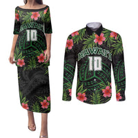 Custom Hawaii Volleyball Couples Matching Puletasi and Long Sleeve Button Shirt Kakau Abstract and Tropical Plants Black Color - Polynesian Pride