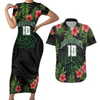 Custom Hawaii Volleyball Couples Matching Short Sleeve Bodycon Dress and Hawaiian Shirt Kakau Abstract and Tropical Plants Black Color - Polynesian Pride