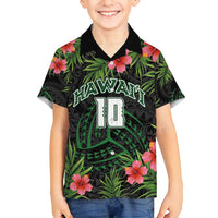 Custom Hawaii Volleyball Family Matching Off Shoulder Short Dress and Hawaiian Shirt Kakau Abstract and Tropical Plants Black Color - Polynesian Pride