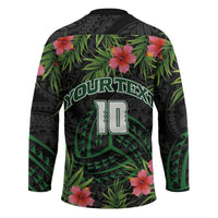 Custom Hawaii Volleyball Hockey Jersey Kakau Abstract and Tropical Plants Black Color - Polynesian Pride