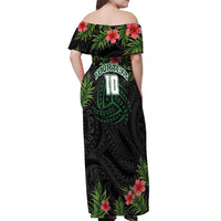 Custom Hawaii Volleyball Off Shoulder Maxi Dress Kakau Abstract and Tropical Plants Black Color - Polynesian Pride