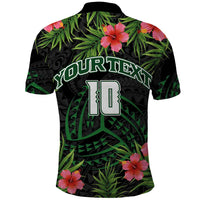 Custom Hawaii Volleyball Polo Shirt Kakau Abstract and Tropical Plants Black Color - Polynesian Pride