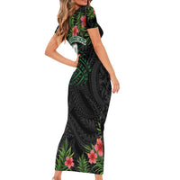 Custom Hawaii Volleyball Short Sleeve Bodycon Dress Kakau Abstract and Tropical Plants Black Color - Polynesian Pride