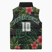 Custom Hawaii Volleyball Sleeveless Puffer Jacket Kakau Abstract and Tropical Plants Black Color - Polynesian Pride