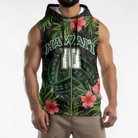 Custom Hawaii Volleyball Sleeveless Zip Hoodie Kakau Abstract and Tropical Plants Black Color - Polynesian Pride