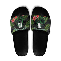 Custom Hawaii Volleyball Slide Sandals Kakau Abstract and Tropical Plants Black Color - Polynesian Pride