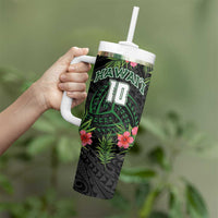 Custom Hawaii Volleyball Tumbler With Handle Kakau Abstract and Tropical Plants Black Color - Polynesian Pride