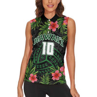 Custom Hawaii Volleyball Women Sleeveless Polo Shirt Kakau Abstract and Tropical Plants Black Color - Polynesian Pride