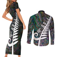 New Zealand Couples Matching Short Sleeve Bodycon Dress and Long Sleeve Button Shirt Aotearoa Symbols With Silver Fern LT03 - Polynesian Pride