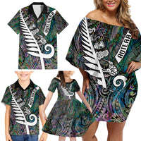 Personalized New Zealand Family Matching Off Shoulder Short Dress and Hawaiian Shirt Aotearoa Symbols With Silver Fern LT03 - Polynesian Pride