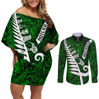 New Zealand Couples Matching Off Shoulder Short Dress and Long Sleeve Button Shirt Silver Fern and Maori Symbols Papua Shell Green Style LT03 Green - Polynesian Pride