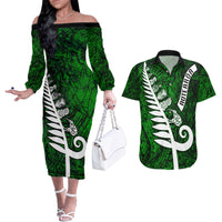 New Zealand Couples Matching Off The Shoulder Long Sleeve Dress and Hawaiian Shirt Silver Fern and Maori Symbols Papua Shell Green Style LT03 Green - Polynesian Pride