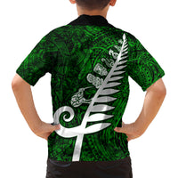 New Zealand Family Matching Off Shoulder Short Dress and Hawaiian Shirt Silver Fern and Maori Symbols Papua Shell Green Style LT03 - Polynesian Pride