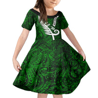 New Zealand Family Matching Tank Maxi Dress and Hawaiian Shirt Silver Fern and Maori Symbols Papua Shell Green Style LT03 Daughter's Dress Green - Polynesian Pride