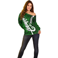 New Zealand Off Shoulder Sweater Silver Fern and Maori Symbols Papua Shell Green Style LT03 - Polynesian Pride