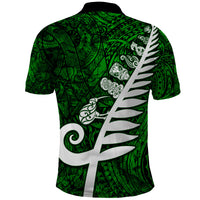 New Zealand Polo Shirt Silver Fern and Maori Symbols Papua Shell Green Style LT03 - Polynesian Pride