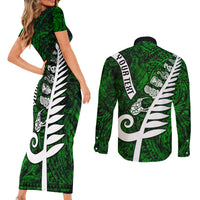 Personalized New Zealand Couples Matching Short Sleeve Bodycon Dress and Long Sleeve Button Shirt Silver Fern and Maori Symbols Papua Shell Green Style LT03 - Polynesian Pride