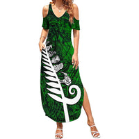 Personalized New Zealand Family Matching Summer Maxi Dress and Hawaiian Shirt Silver Fern and Maori Symbols Papua Shell Green Style LT03 Mom's Dress Green - Polynesian Pride