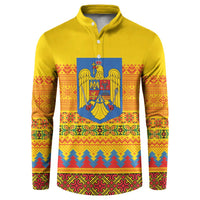 Romania Merry Christmas Button Sweatshirt Romania Emblem Traditional Folk Art - Polynesian Pride